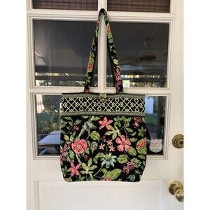 VERA BRADLEY Tote Bag Botanica Black Green Pink Clean Condition Tortoise Button*